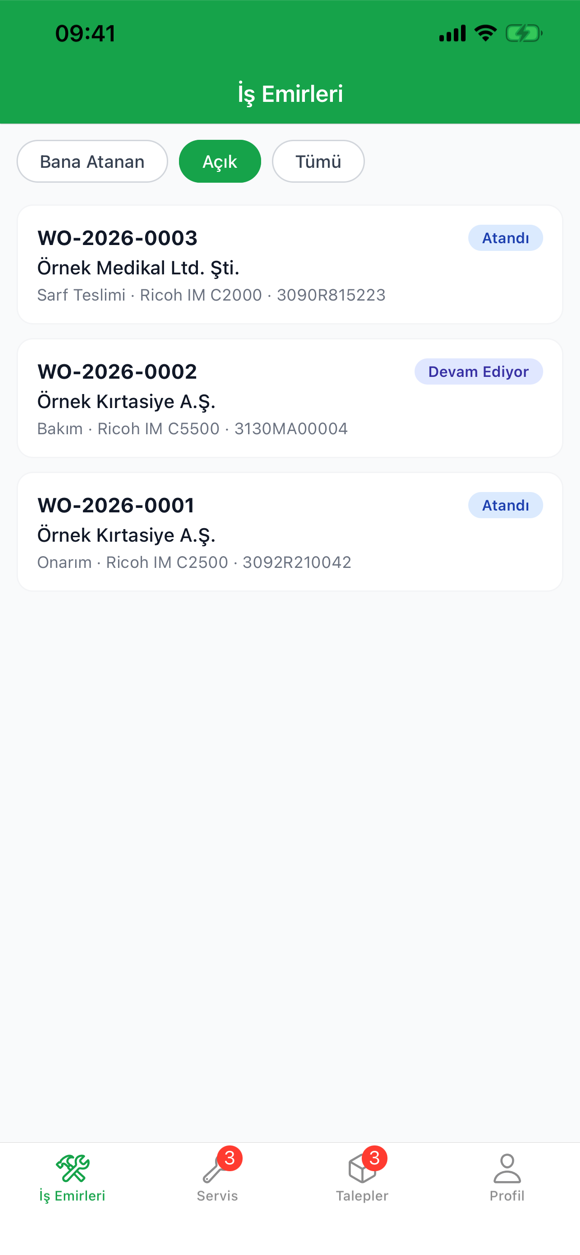 Printlio Saha — Ürün sitesinde paylaşılan mobil iş emirleri ekranı.
